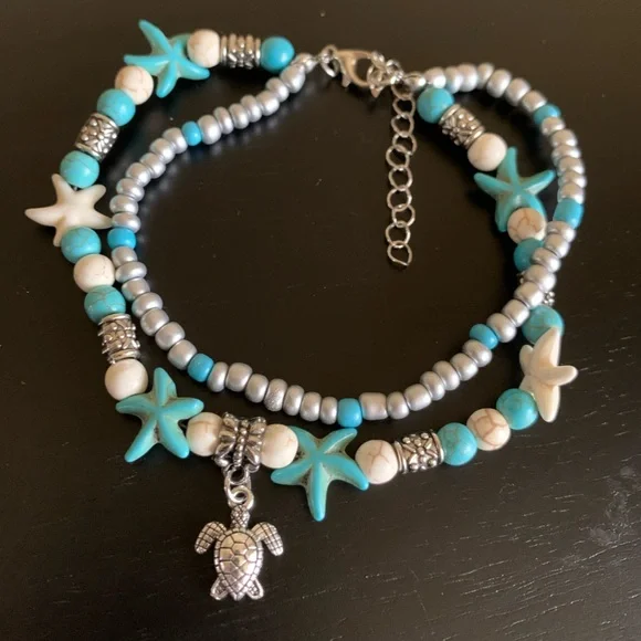 Boho Sea Turtle Starfish Nautical Layered Anklet - Picture 3 of 4